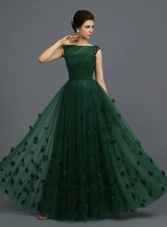 Dark Green Evening Dresses 2024 Bateau Beading 3D Flowers A-Line Long Elegant Formal Prom Party Gowns robe de soiree