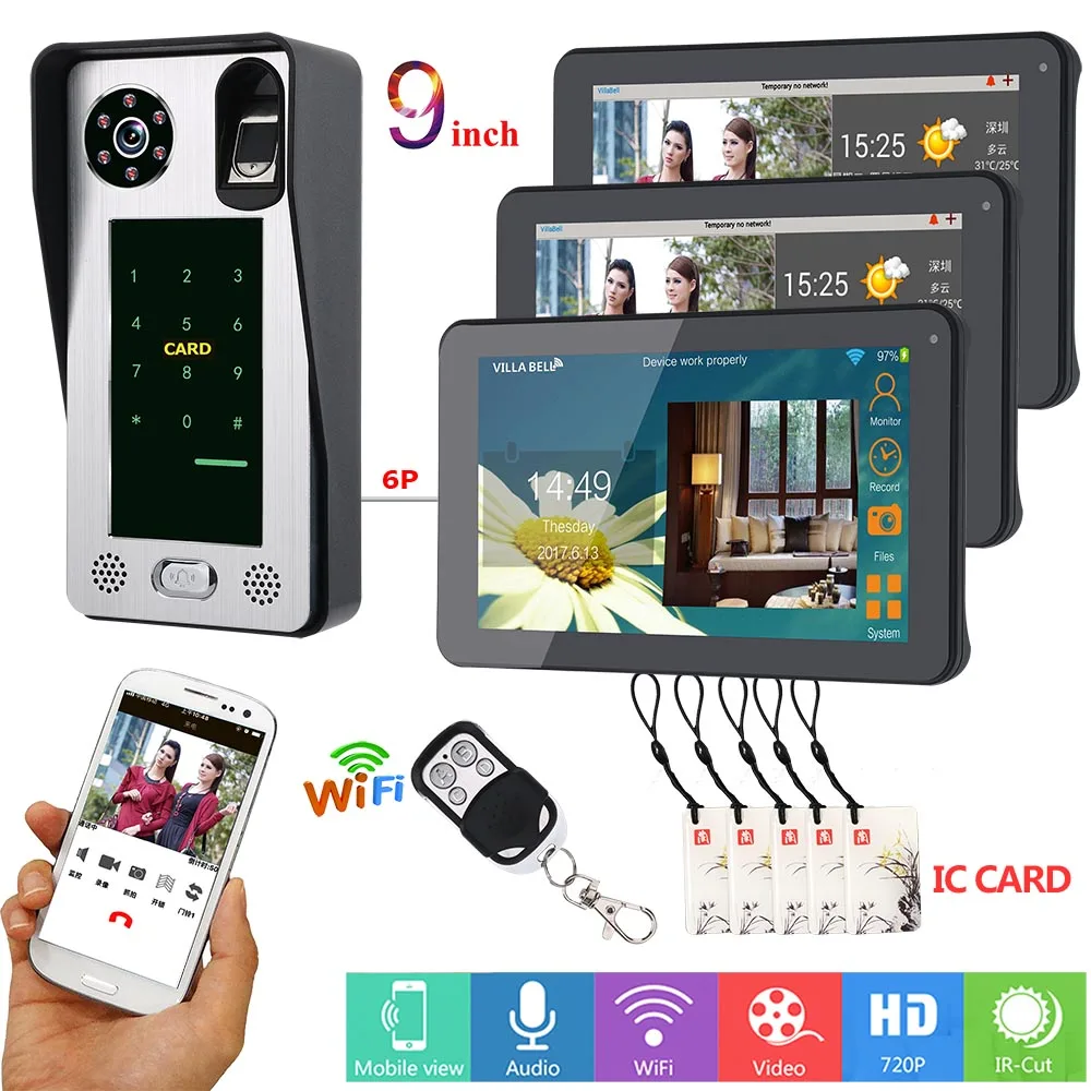 9 Inch 1V3 Wireless WIFI Remote Control Fingerprint/IC Card/Password Access Control Video Door Phone