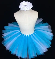 Cute Girls Blue Tulle Skirts Baby 100%Handmade Fluffy Ballet Pettiskirt Tutu with Flower Headband Kids Birthday Party Tutu Skirt