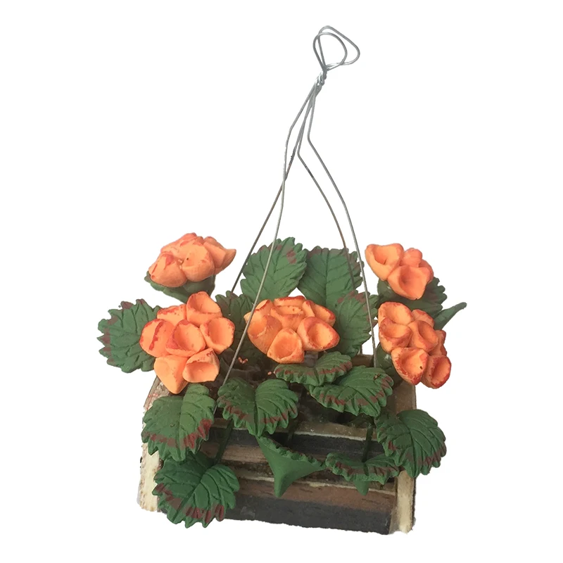 Miniature Hanging Basket Flower Orange Hydrangea 1:12 Dollhouse Clay Plant OP059