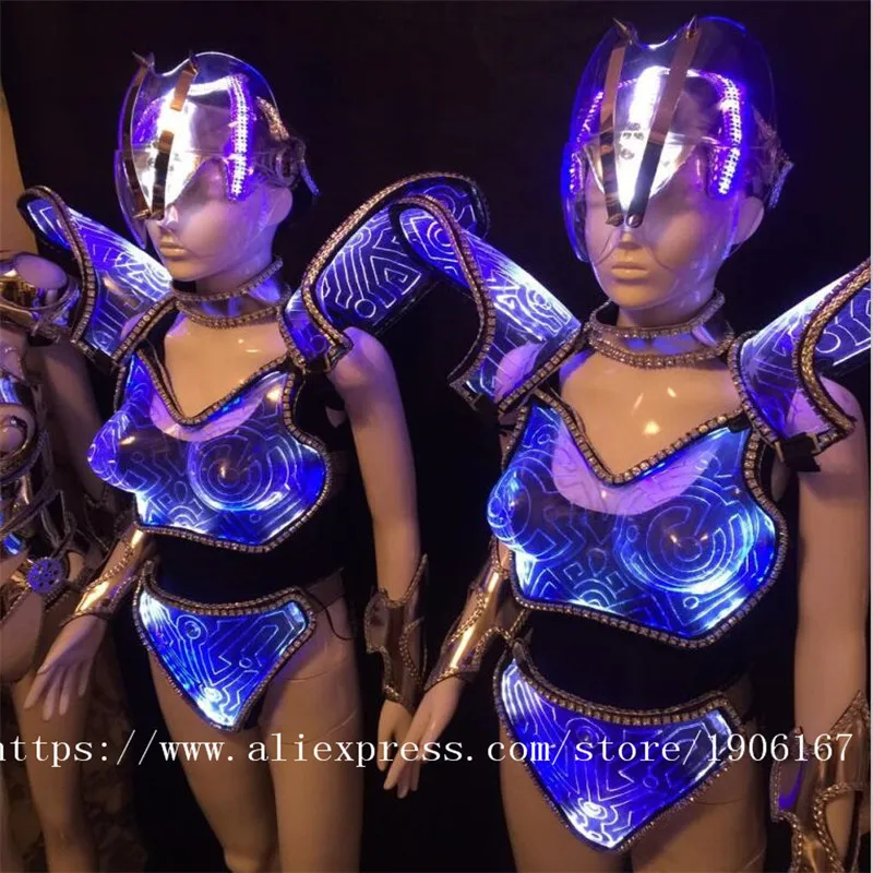 New Design Blue Color Led Luminous Catwalk Ballroom Costume Sexy Women Evening Party Dress Cosplay Stage TV Show Clothes