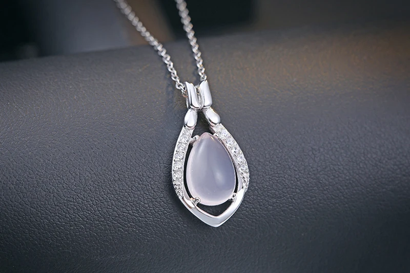 Fashion 925 Sterling Silver Water Drop Wedding Necklace Natural Gem Stone Pink Quartz Pendant Necklace for Women