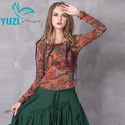 T Shirt Women 2017 Yuzi.may Boho New Viscose Nylon Shirt Floral Print Frog Knot O-Neck Skin Friendly Slim Tshirt B9203 Tops