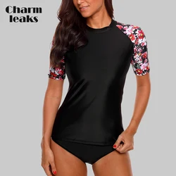 Charmleaks Donne Manica Corta Rashguard Camicia Costume Da Bagno Stampa Floreale Costumi Da Bagno Surf Top Corsa e Jogging Mountain Bike Shirt Protezioni UPF50 +