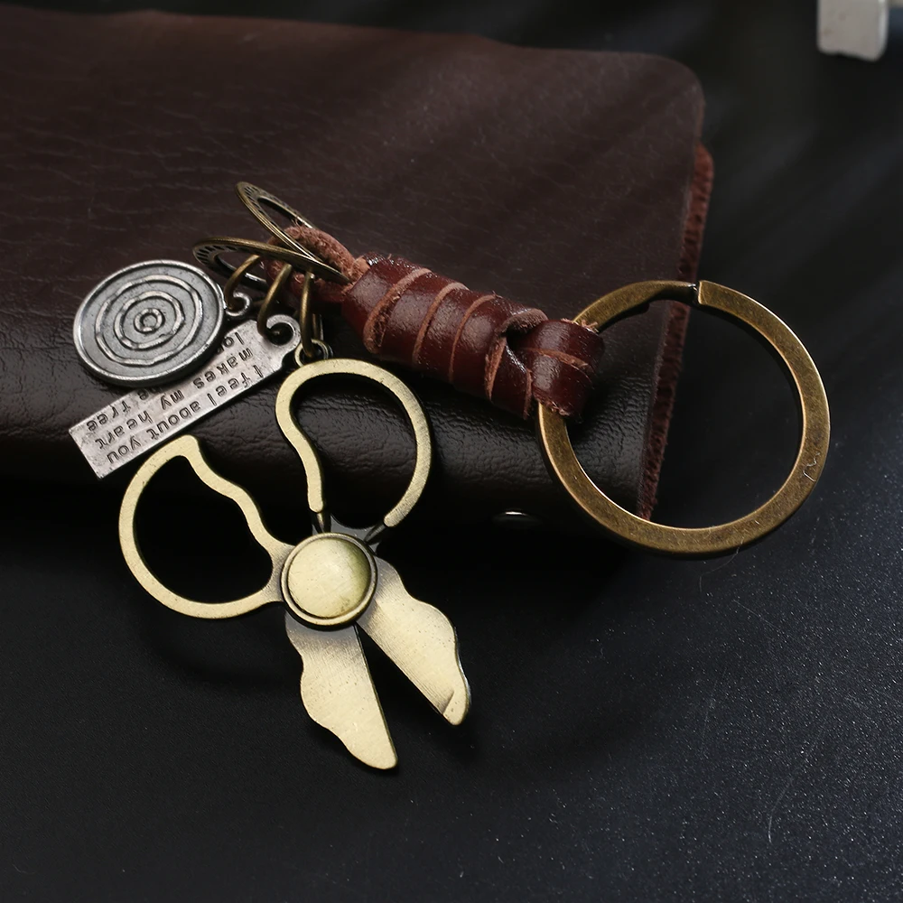 2024 Trend Jewelry Vintage Brown Scissors Spanner Leather Keychain Simple Handwork Weave Alloy Accessories Men Key Chain