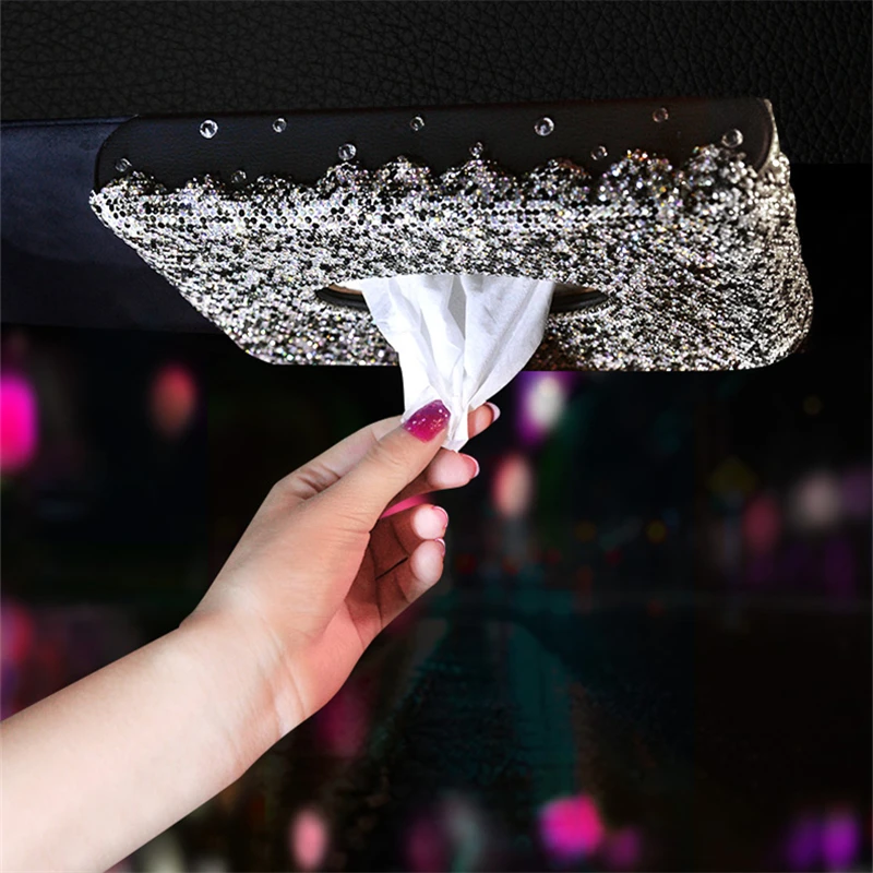 

LUNASBORE Luxury Crystal DiamonCar Tissue Box Sun Visor Leather Auto Tissue Bag Hanging Holder Case For Car Accessories Gift