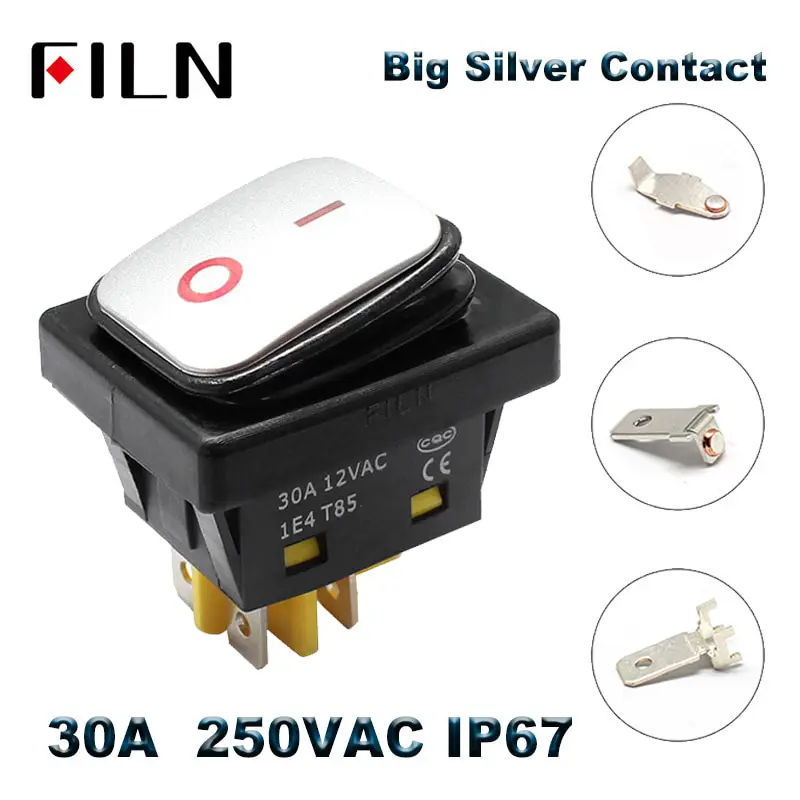 30A 250V Waterproof Rocker Switch Heavy Duty Dpst Rocker Switch on off with 12V 24V Led Lamp Red Green Blue White