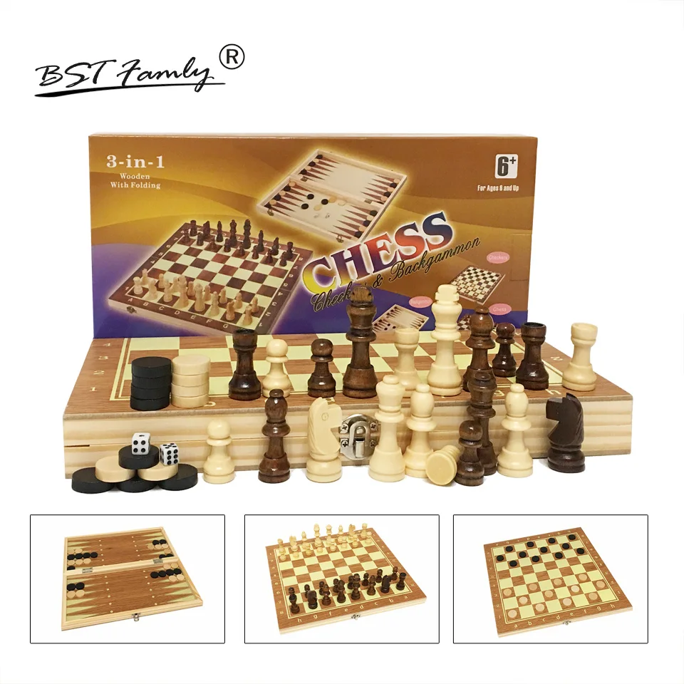 BSTFAMLY 3 in 1 wood chess set, portable game of international chess checkers backgammon three kinds of gameplay chess game, LA3