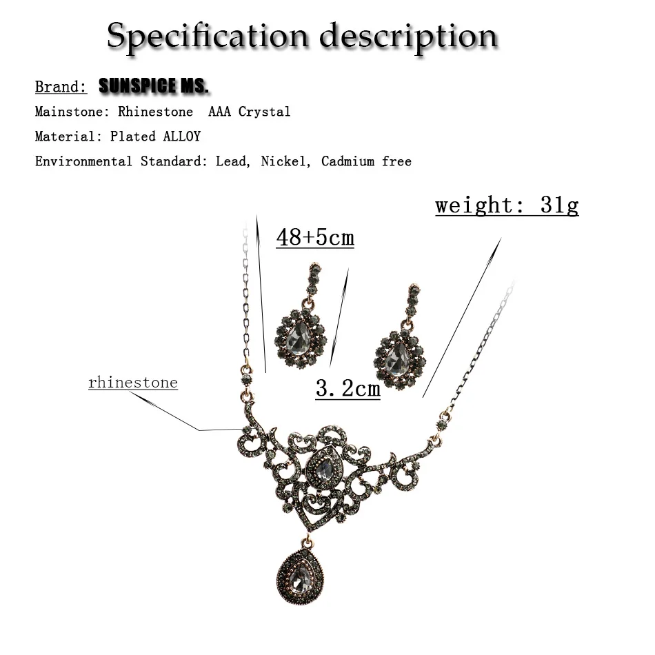 Sunspicems Turkish Wedding Jewelry Sets Gray Crystal Drop Earring Charm Necklace Antique Gold Color Bohemia Party Bijoux Gift