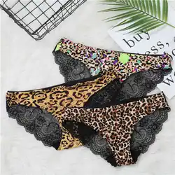 Moda kadın seksi dantel külot dikişsiz külot iç çamaşırı leopar buz ipek kız Bikini pamuk kasık transparan iç çamaşırı