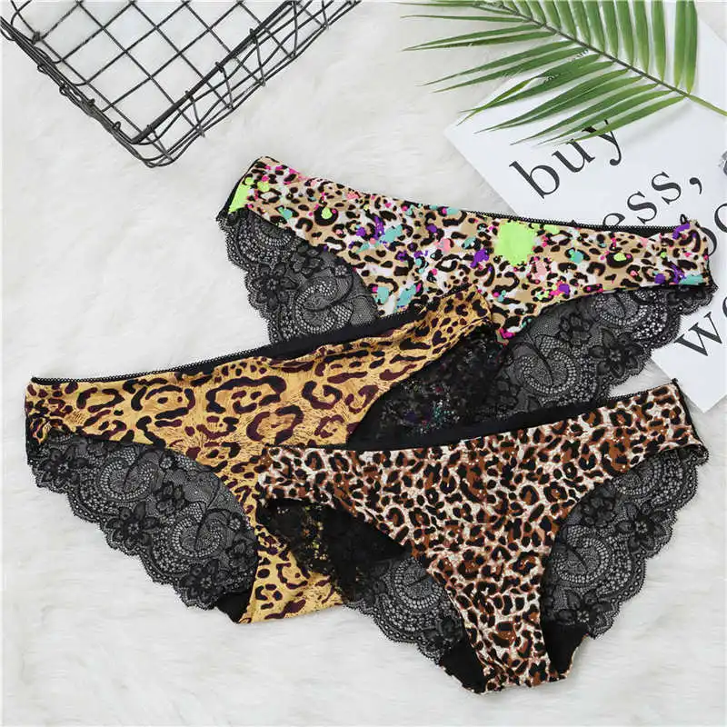 Fashion Women's Sexy Lace Panties Seamless Underwear Leopard Ice Silk for Girl Bikini Cotton Crotch Transparent Lingerie