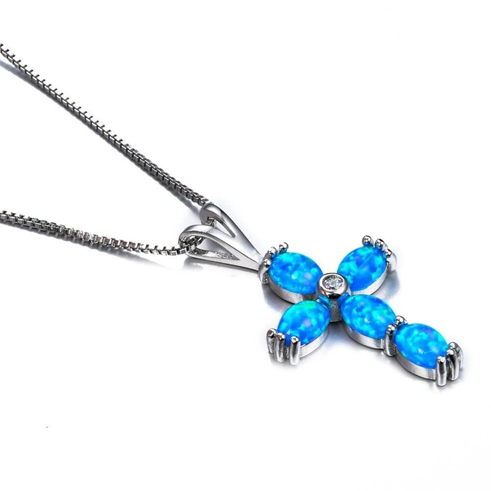 WalerV Vintage Blue Fire Imitation Opal Cross Pendant Necklaces For Women High Quality  Sterling  Belief Christian Gift