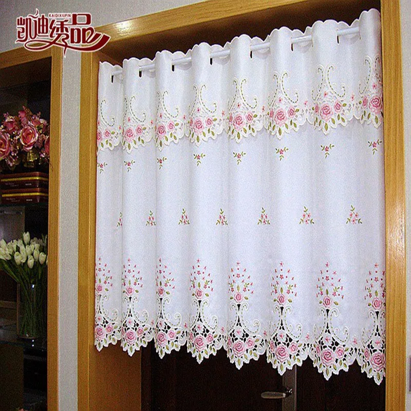Countryside Half-curtain Embroidered Tulle Valance Light Shading Coffee Curtain for Kitchen for Cabinet Door A-105