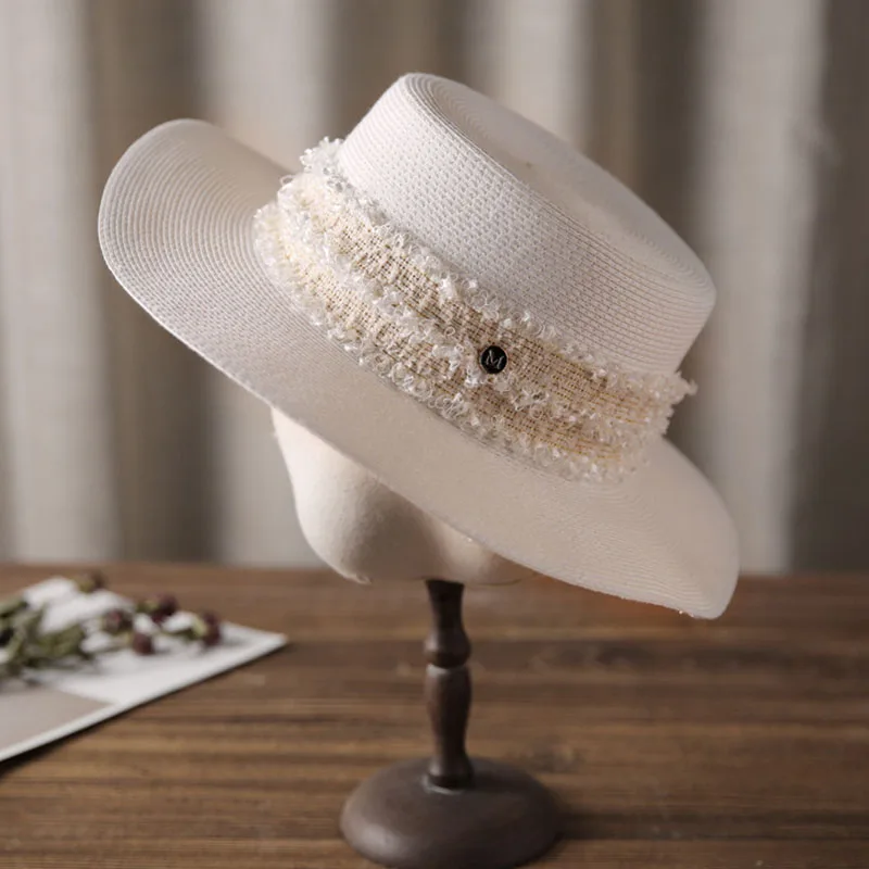 Elegant Lace Trim White Black Wide Brim Sun Hat for Women Adjustable Flat Paper Straw Canotier UPF 50+ Beach Hat Lady Summer Hat