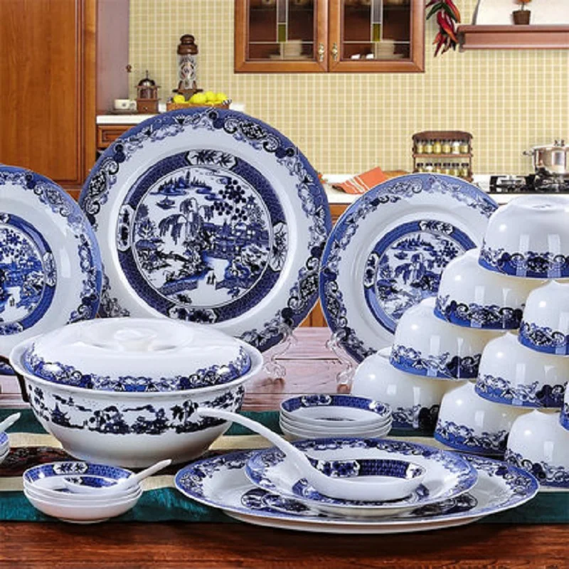 Guci Jingdezhen ceramics tableware 56 head bone china tableware blue and white glaze color dishes  suit