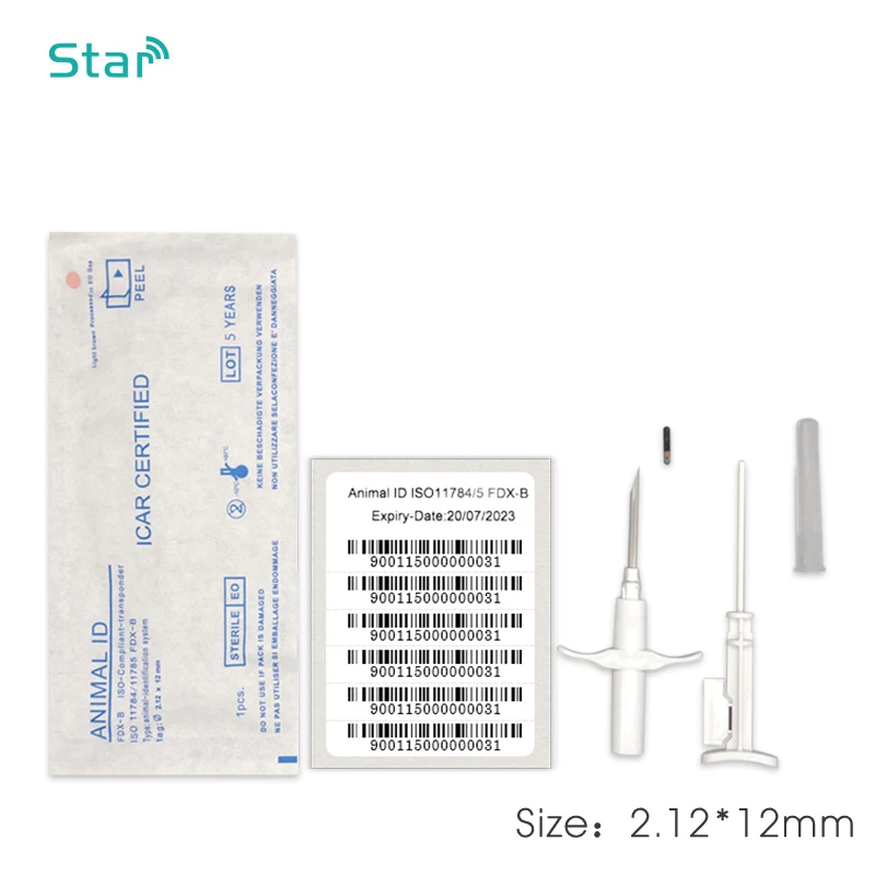 (20pcs) 134.2khz EM4305 Fdx-b 2.12*12MM injectable animal pet rfid microchips with syringe, Disposable Animal Microchip Injector