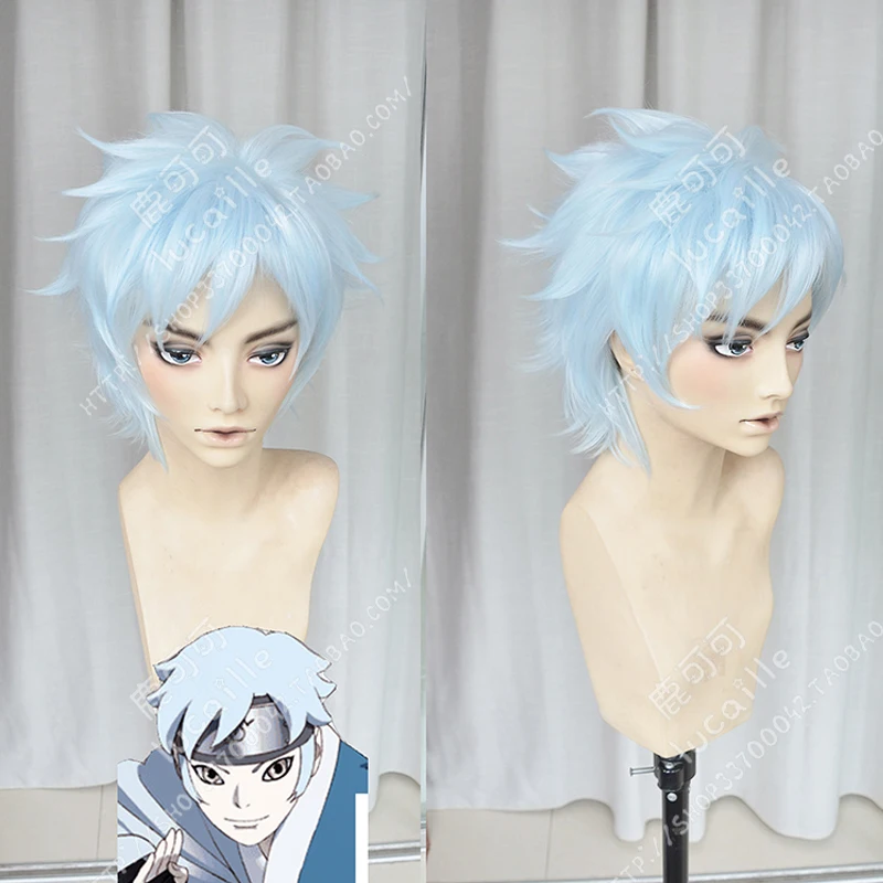 BORUTO – perruque synthétique de Cosplay Uzumaki Boruto Mitsuki, nouvelle génération, cheveux courts et duveteux avec couches bleu argent mélangées + bonnet de perruque