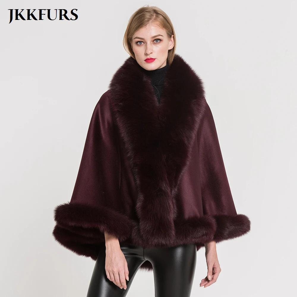 JKKFURS Women\'s Poncho Genuine Fox Fur Collar Trim & Cashmere Cape Wool Fashion Style Autumn Winter Warm Coat S7358