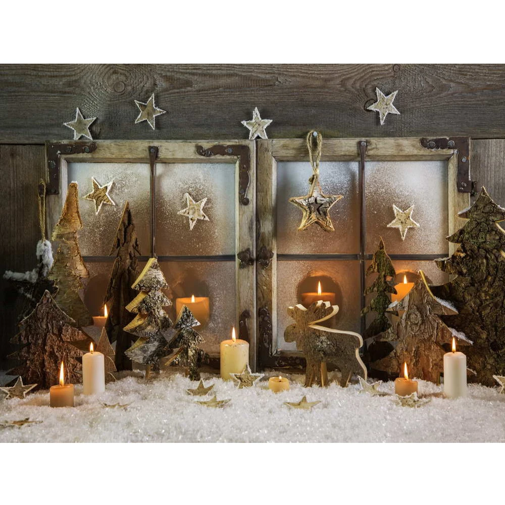 

Outside Window Merry Christmas Backdrops Winter Snow Printed Wood Cut Pine Trees Elk Stars Candles Baby Kids Photo Backgrounds