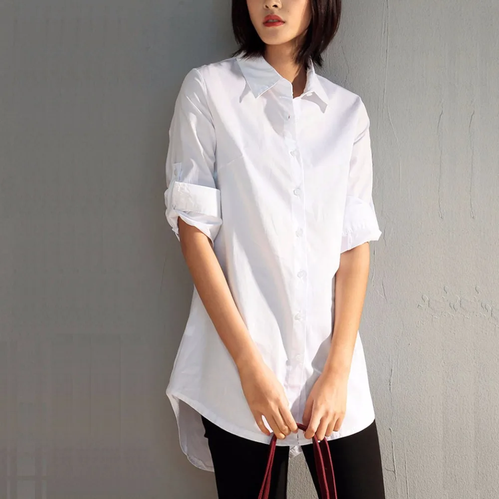 S-4XL Plus Size Blouse Ladies 2019 Female Boyfriend Style Casual Roll-Up Sleeve Lapel Collar Large Size White Tops Women Shirts