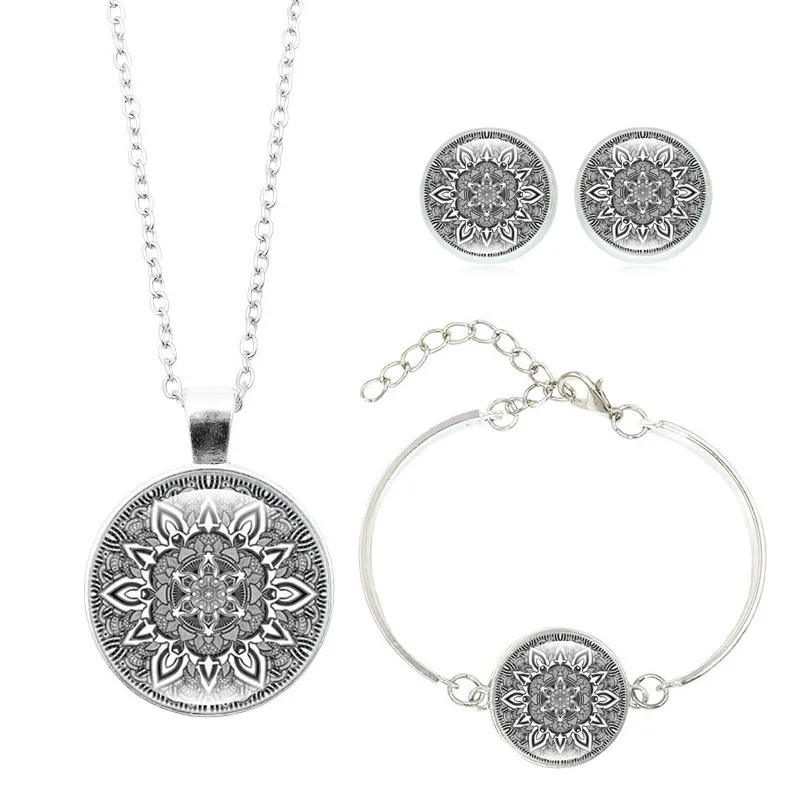Mandala Flower Jewelry Sets Pendant Necklace Bracelet Earrings Sets Glass Cabochon Religious Buddhism Jewelry