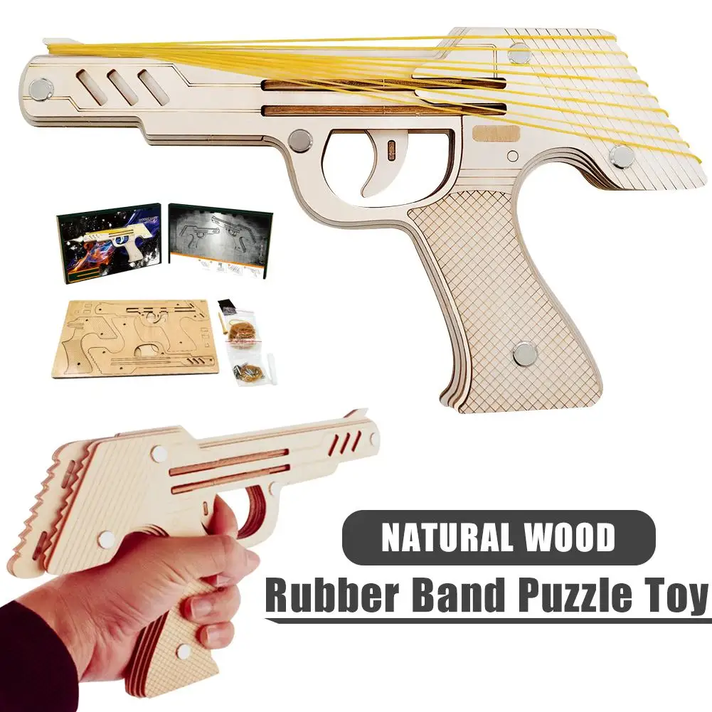 Negen Burst Rubber Band Pistool Speelgoed 3D Houten Puzzel Mechanische Model Kit Diy Bouw Machines Rubber Band Pistool Speelgoed