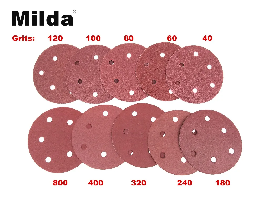 Milda 50pcs 5 Inch 125mm Round Sandpaper Disk Sand Sheets Grit 40-800 Hook and Loop Sanding Disc for Sander Grits