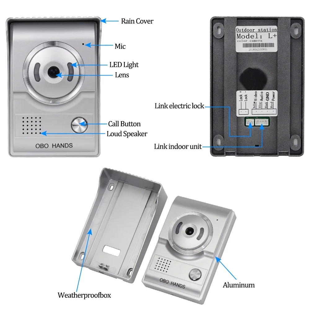 Home Video Doorbell Door Phone Intercom System 7" Color Screen with Waterproof Outdoor Camera Two-way Audio with IR Night Vision