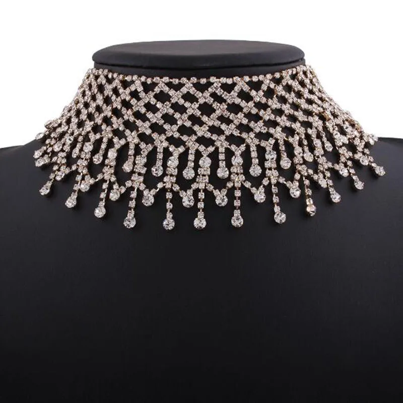 luxury Rhinestone Chain Choker Necklace For Women Elegant Full Crystal Tassel Choker Collar Fashion Bridal Jewelry ColliersColar