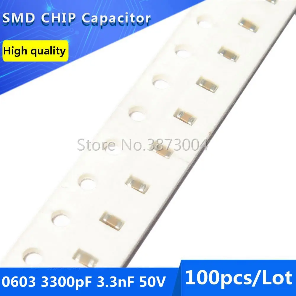 100 шт 0603 3300pF 3.3nF 50V COG/NPO 5% SMD чип конденсатор