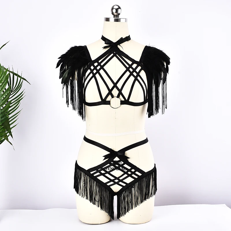 

Goth Tassels Feathers Body Harness Set Harajuku Body Cage Bralette With Big O-ring Fetish Black Tassels Bottom Briefs Panties