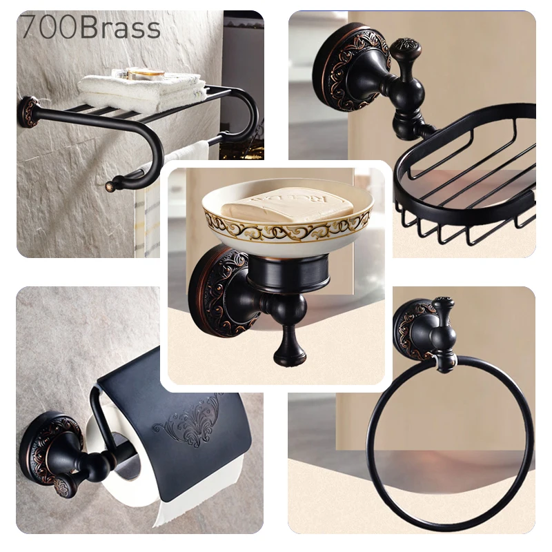 Modern Black Wall Mounted Bath Hardware Set Luxury Brass Clothes Hooks Toilet Paper Holder Towel Bars Bathroom Accessories Set