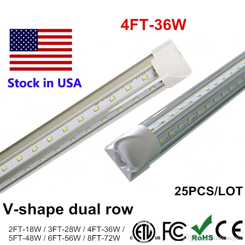 T8 4 Feet V Shaped 4ft 5ft 6ft 8ft Tube Integrated LED Tubes Light Replace Fluorescent Light AC85-265V 270 Degree 1.2M 1200MM