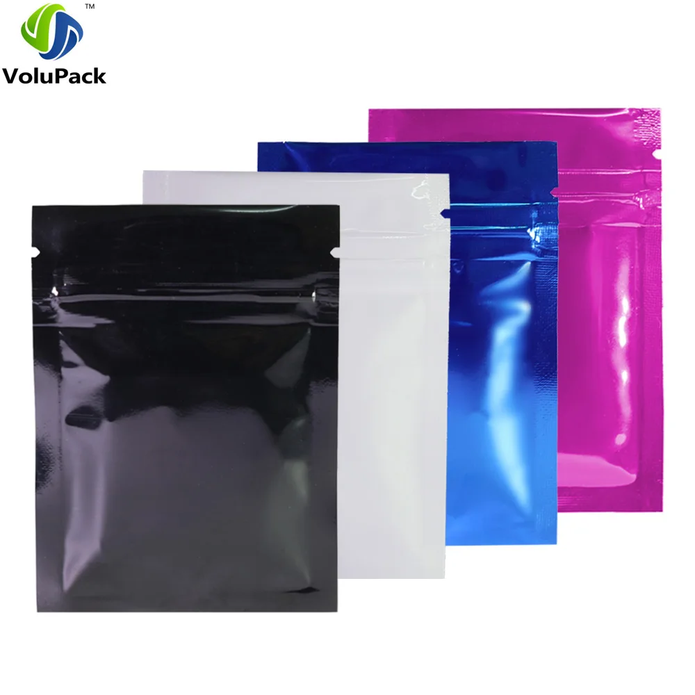 Small Zip Lock Package Bags, Glossy Purple Blue White Black, Clear Front Tear Notch Flat Pouches, Herb Small, 6.5x9cm, 2.5x3.5in