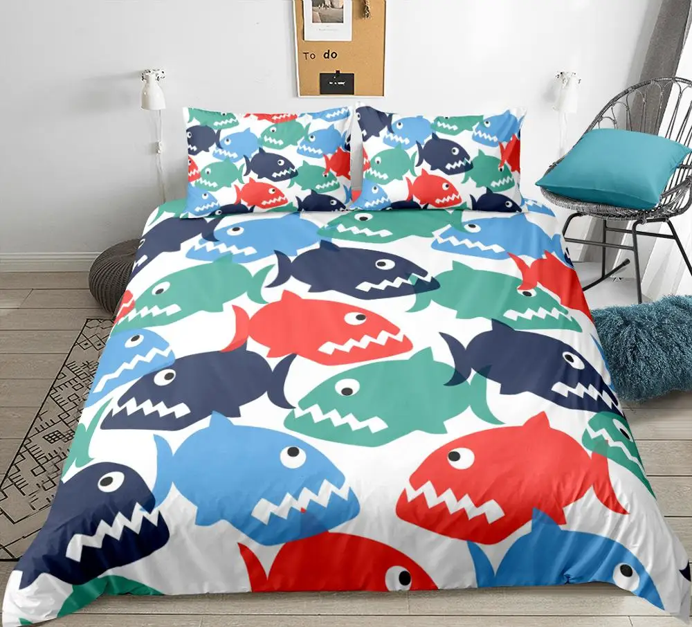 Cartoon Shark Bedding Set for Kids Cute Animal duvet cover set Boy Colorful Ocean Fish Bed Set Home Textiles