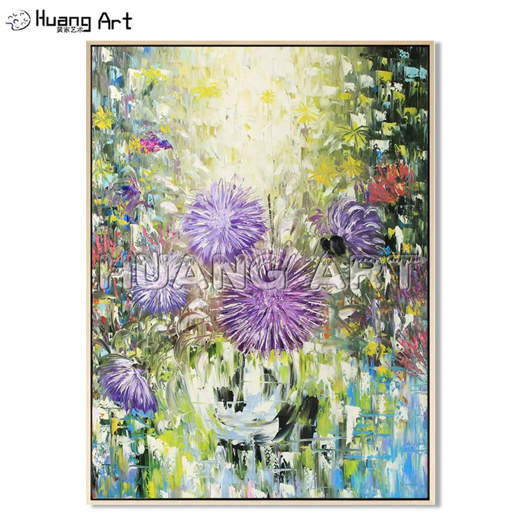 New Arrival Art Handmade Purple Dandelion Oil Painting on Canvas for Room Decor Modern Knife Flower Tree Landscape Hang Painting