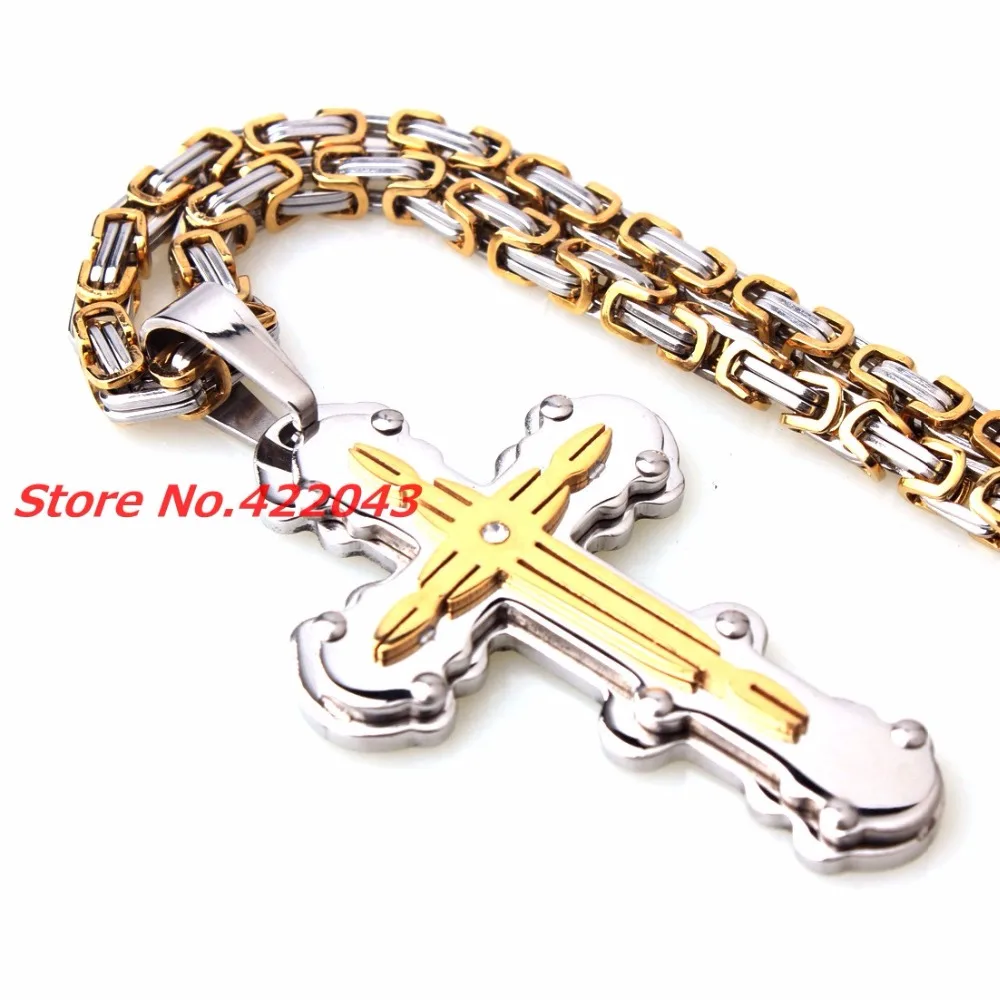 Cross Crucifix & Ctystal Jesus Piece Pendant & Byzantine Necklace Stainless Steel Silver Gold color Men Womens Christian Jewelry