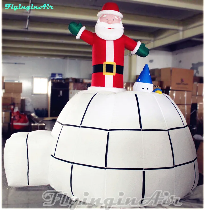 3m Christmas Inflatable Santa Claus From Igloo Snowhouse with Penguin For Winter Park And Yard Decoration