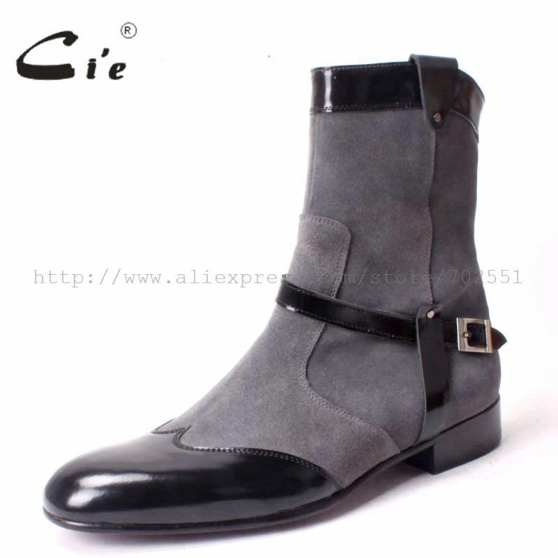 cie Free Shipping Handmade Pure Genuine Calf Leather outsole Men's Boots Color Dark Grey Suede and Black Patent Leather  No.A64