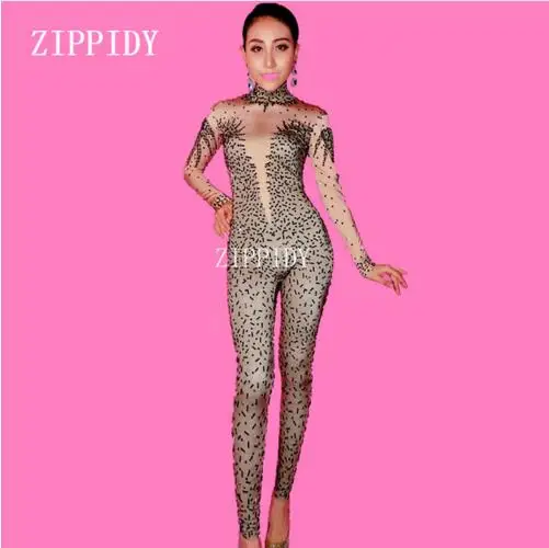 Skinny Black Rhinestone Bodysuit Female Singer Dancer Spandex Bodysuit One-piece Big  Stretch Costume