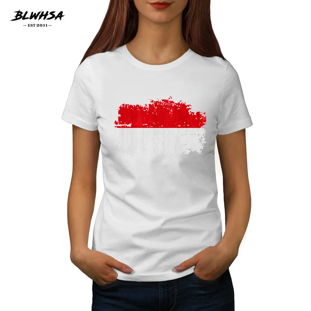 BLWHSA Summer Clothing Women White T-Shirts Indonesia Nostalgic Flag Pattern Printed Short Sleeve Casual T-Shirts Ladies Tops