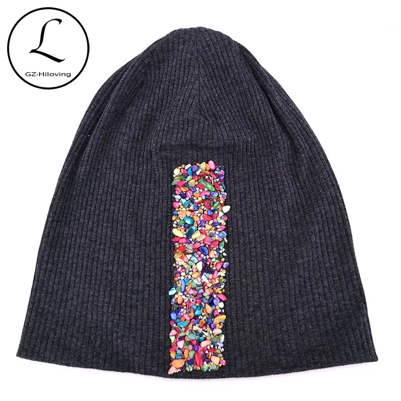 

New Arrival Colorful Rhinestones Ribbon Beanies hats For Women Ladies Casual Autumn Cotton Ribbed Slouch Skullies Hats And caps