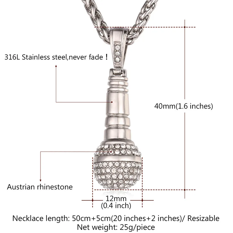 U7 Ice Out Chain Necklace Microphone Pendant Men/Women Stainless Steel Gold Color Rhinestone Best Friend Jewelry Hip Hop P1018