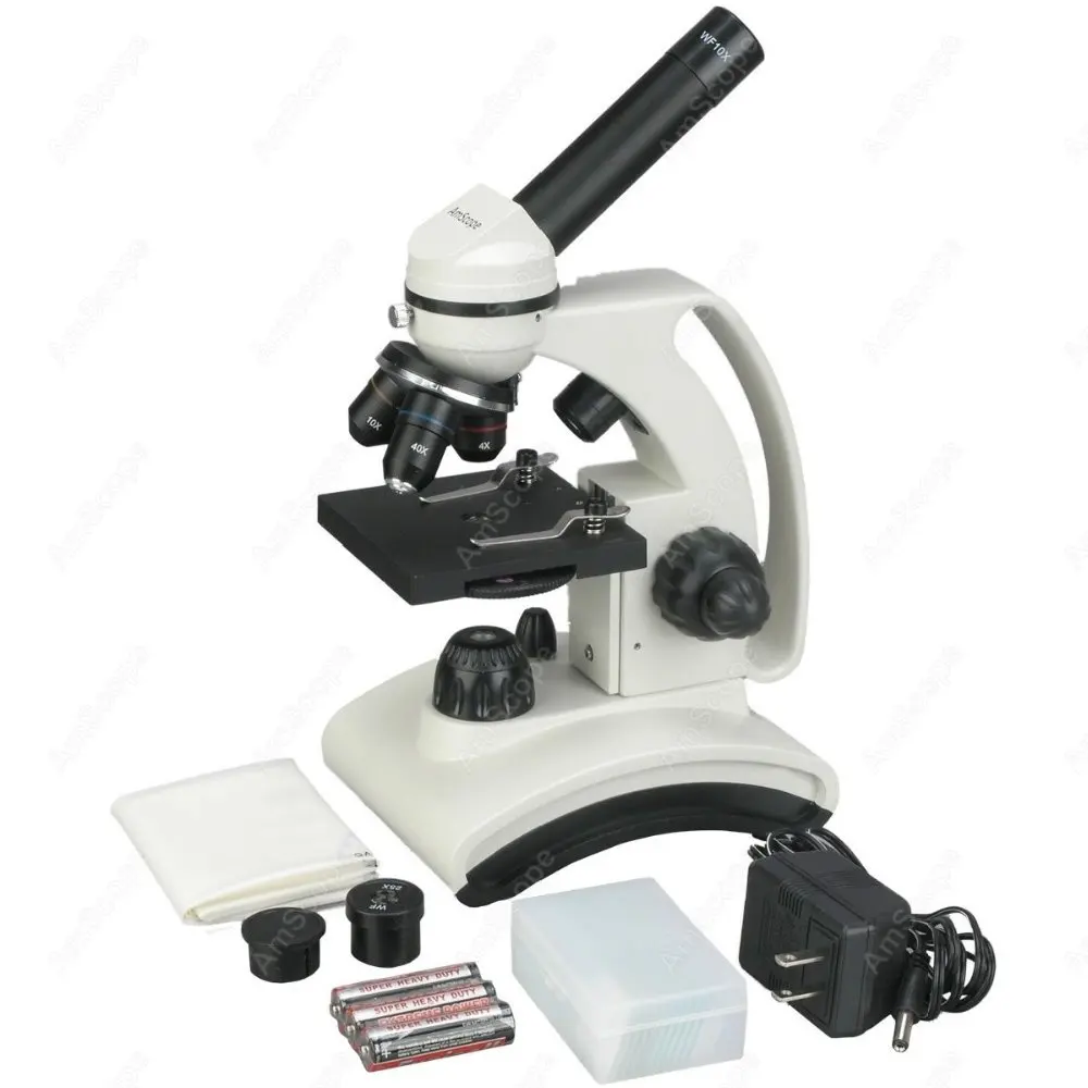 LED Lights Compound Microscope-AmScope Supplies 40X-1000X Dual LED Lights Compound Microscope with Battery Power and Slide Sets