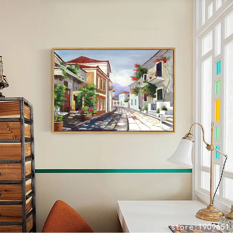 cotton no frame Mediterranean style house flower canvas printings oil painting printed on cotton wall art decoration pictures