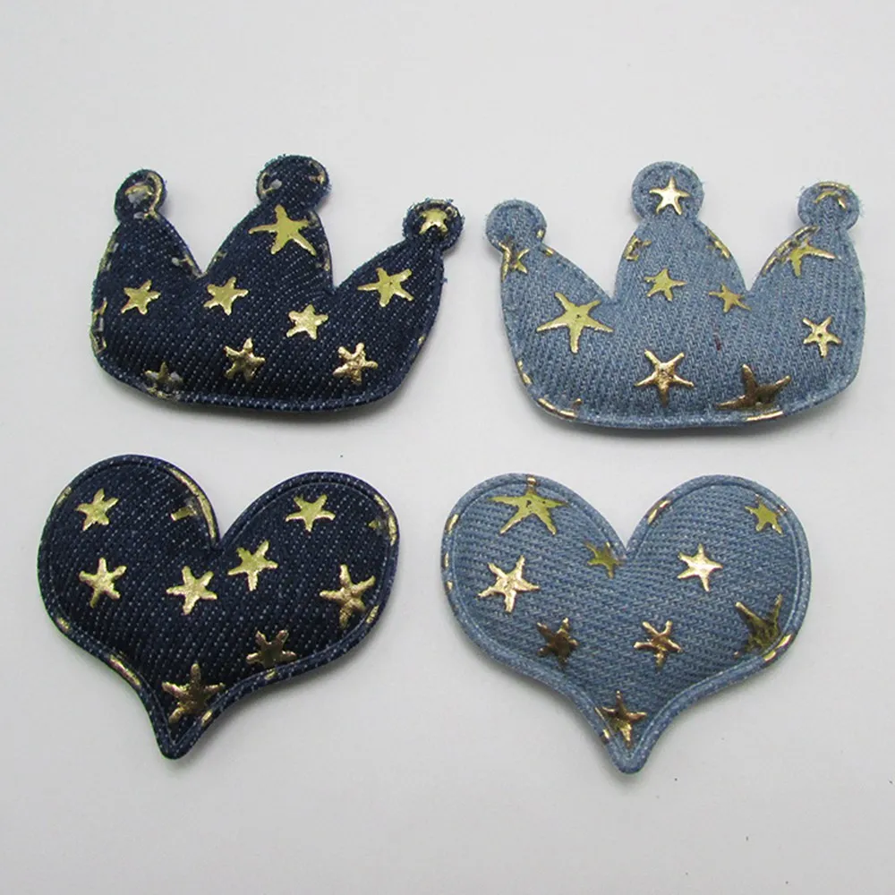 100pcs/lot DIY Denim Crown Heart padded applique Crafts with Gold stars for headwear bag shoe garment accessories Decoration