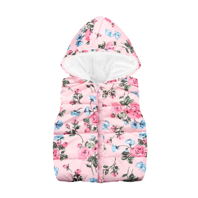 Pink Flower Baby Girls Vests Children Waistcoat Clothes Girl Sleeveless Jacket Coat Kids Tops Hooded Overcoat Fleece Outfit 2-7Y