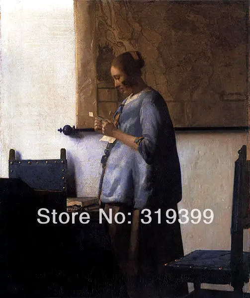 Johannes Vermeer 100% handmade Linen Canvas Oil Painting Reproduction,Woman in Blue Reading a Letter ,Free FAST Shipping