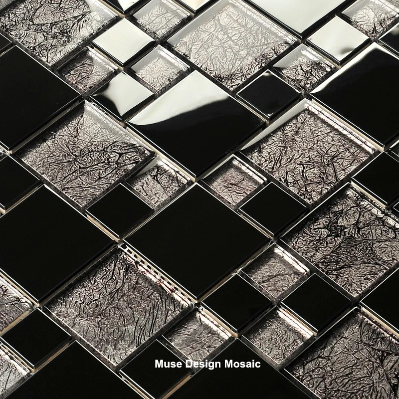 European Stainless Steel Mirror Black Metal Crystal Glass Mosaic Tile, Bathrrom Shower Fireplace Wall tile puzzle decora