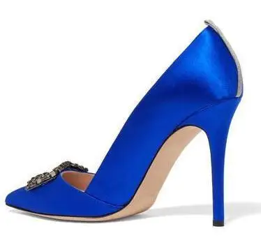 Sexy Royal blue Satin Crystal Buckle High Heels Pumps Pointed toe Woman Low Cut Summer Wedding  Shoes for Ladies